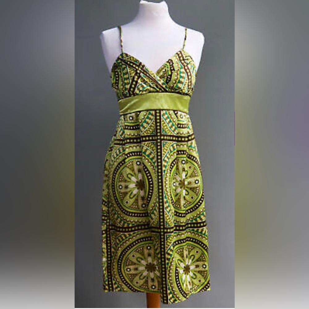 Empire Waisted Chartreuse Satin Mod Dress Sash Belt Adjustable Straps Sz 3/4
